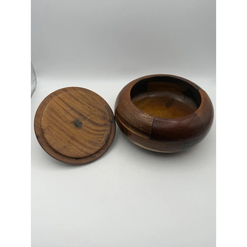 Vintage Hand Turned Patchwork Wooden Lidded Bowl Trinket Box Rustic Decor 5.25